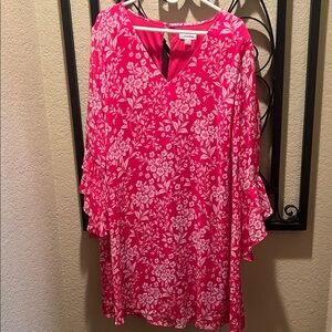Calvin Klein Pink and White Floral V-Neck Ruffle Sleeve Tunic